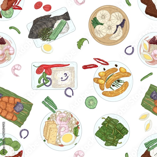 Asian cuisine hand drawn vector seamless pattern