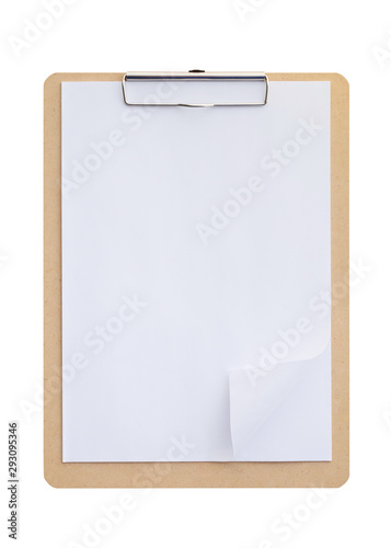 Wooden clipboard with blank paper isolated on white background