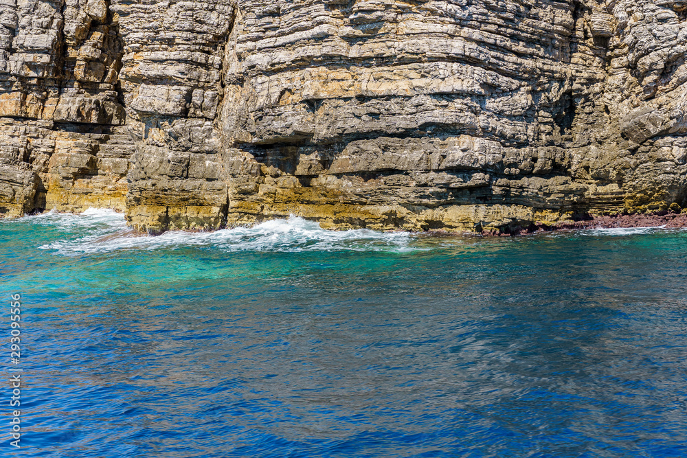 seashore, rocks washed by water and vegetation on them