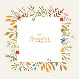 Autumn botanical square frame flat vector template. Leaves and branches border with place for text. Fall season social media banner layout. Leafage, forest berries and mushroom illustration.