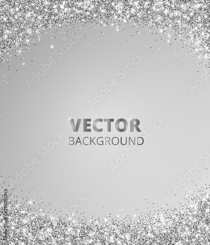 Sparkling glitter border, frame. Falling silver dust on gray background. Vector glittering decoration.