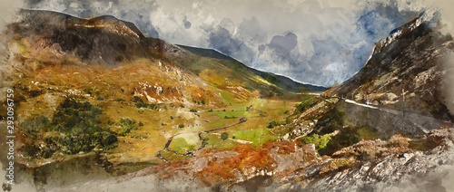 Digital watercolor painting of View from Ogwen along Nant Ffrancon valley in Snowdonia National Park © veneratio