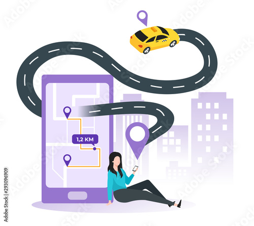 Car sharing service, online taxi, mobile city transportation concept. Woman ordering taxi using mobile application service