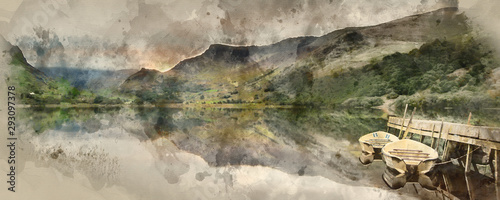 Digital watercolor painting of Panorama landscape rowing boats on lake with jetty against mountain background