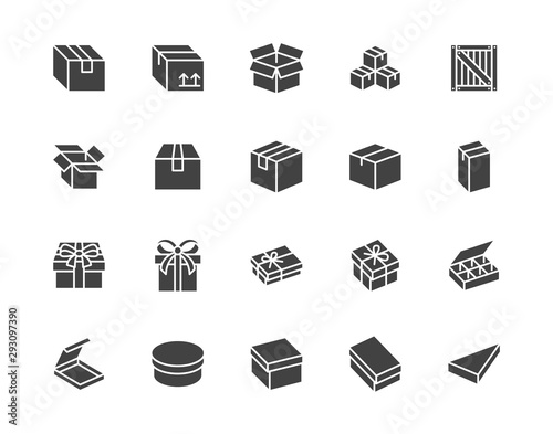 Box flat glyph icon set. Carton, wood boxes, product package, gift vector illustrations. Simple black signs for delivery service. Silhouette pictogram pixel perfect 64x64