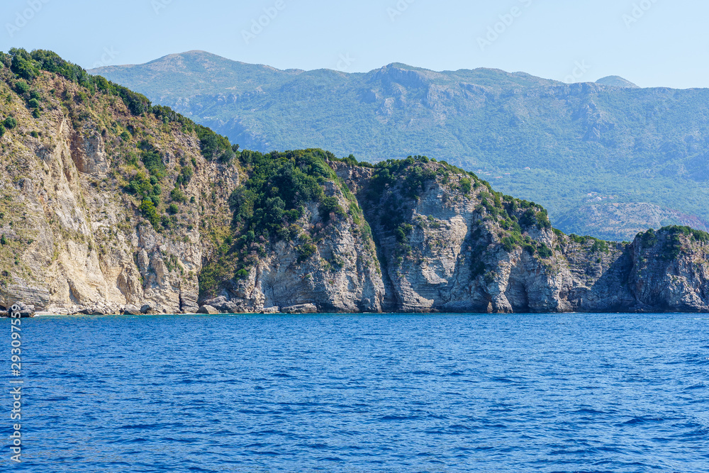 seashore, rocks washed by water and vegetation on them