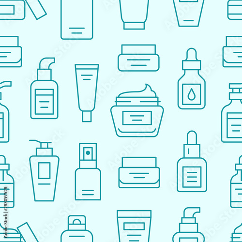 Skin care seamless pattern with line icons. Hyaluronic acid drop, serum, anti ageing compound retinol, moisturizing cream tube package, cosmetology treatment. Beauty background dermatology brochure