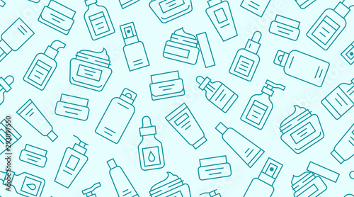 Skin care seamless pattern with line icons. Hyaluronic acid drop, serum, anti ageing compound retinol, moisturizing cream tube package, cosmetology treatment. Beauty background dermatology brochure