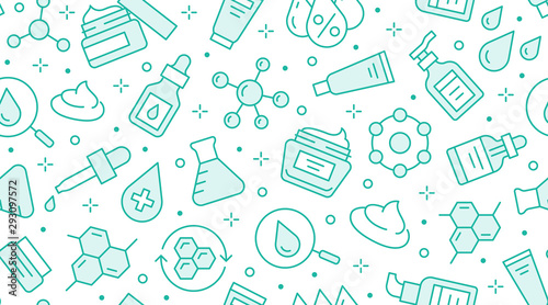 Skin care seamless pattern with line icons. Hyaluronic acid drop, serum, anti ageing compound retinol, moisturizing cream tube package, cosmetology treatment. Beauty background dermatology brochure