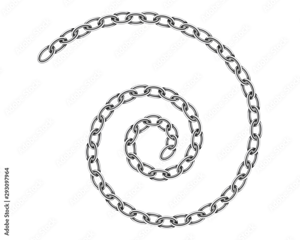 Realistic metal chain texture. Spiral swirl chains link isolated on white background. Strong iron chainlet solid three dimensional design element. Realistic metal chain texture. Spiral swirl chains link isolated on white background. Strong iron chainlet solid three dimensional design element.