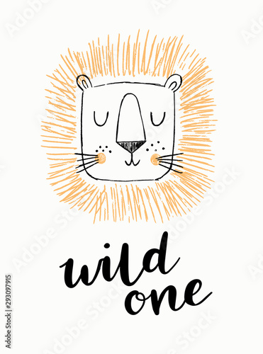 Cute hand drawn lion head with wild one phrase. Modern brush script. Doodle animal vector illustration.