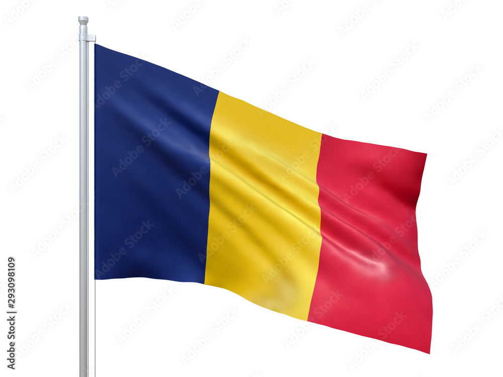Chad flag waving on white background, close up, isolated. 3D render Chad flag waving on white background, close up, isolated. 3D render