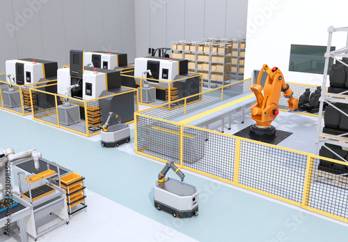 Mobile robots, dual-arm robot, heavy payload robot cell and CNC machines in smart factory. 3D rendering image. photo