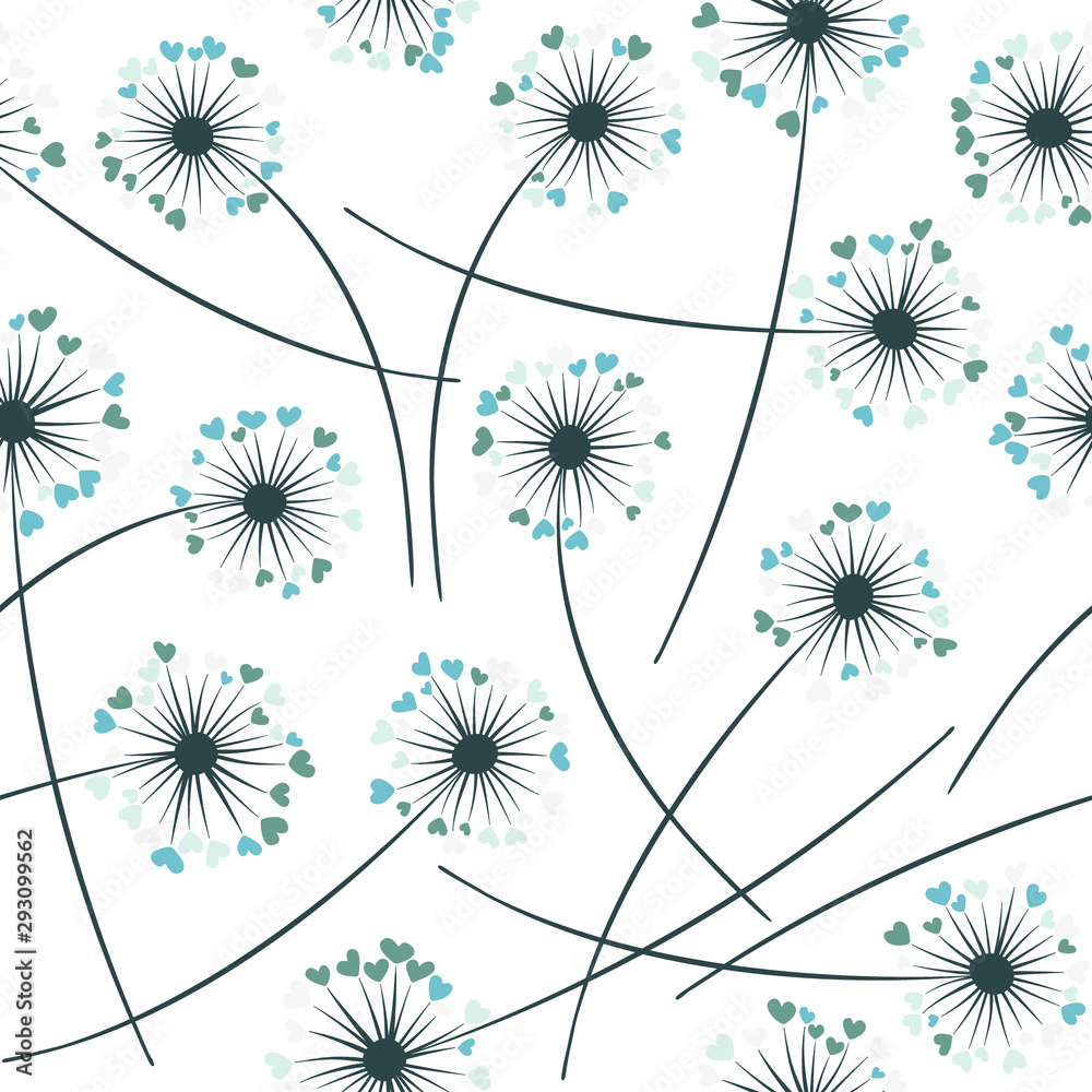 Dandelion blowing plant vector floral seamless pattern. Flowers with heart shaped petals. Dandelion blowing plant vector floral seamless pattern. Flowers with heart shaped petals.