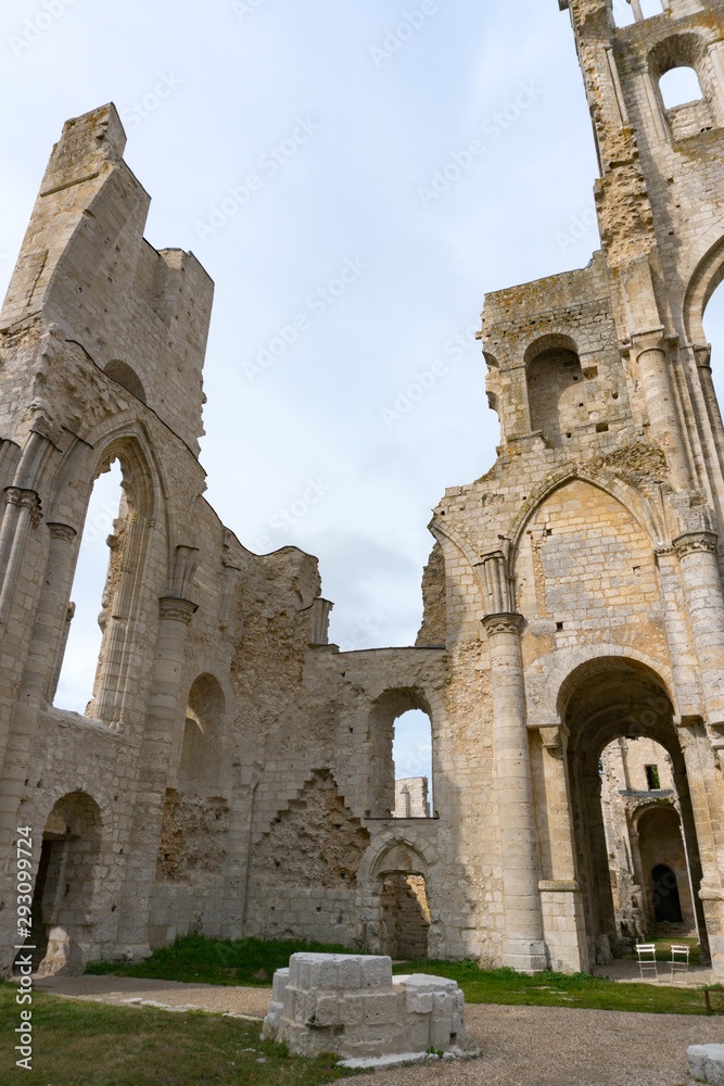 detail view of the ruins of the old abbey and Benedictine monastery at Jumieges in Normandy in France