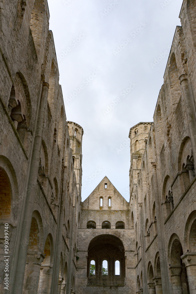 detail view of the ruins of the old abbey and Benedictine monastery at Jumieges in Normandy in France