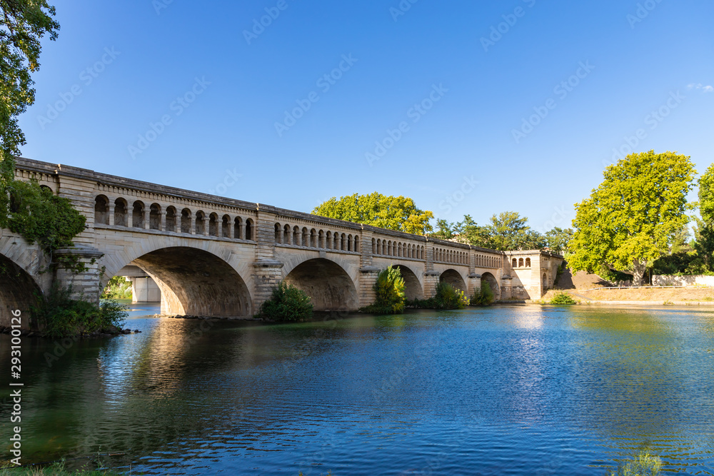 The Orb Aqueduct, a bridge which carries the Canal du Midi over the Orb River in the city of Beziers in Languedoc-Roussillon, France.