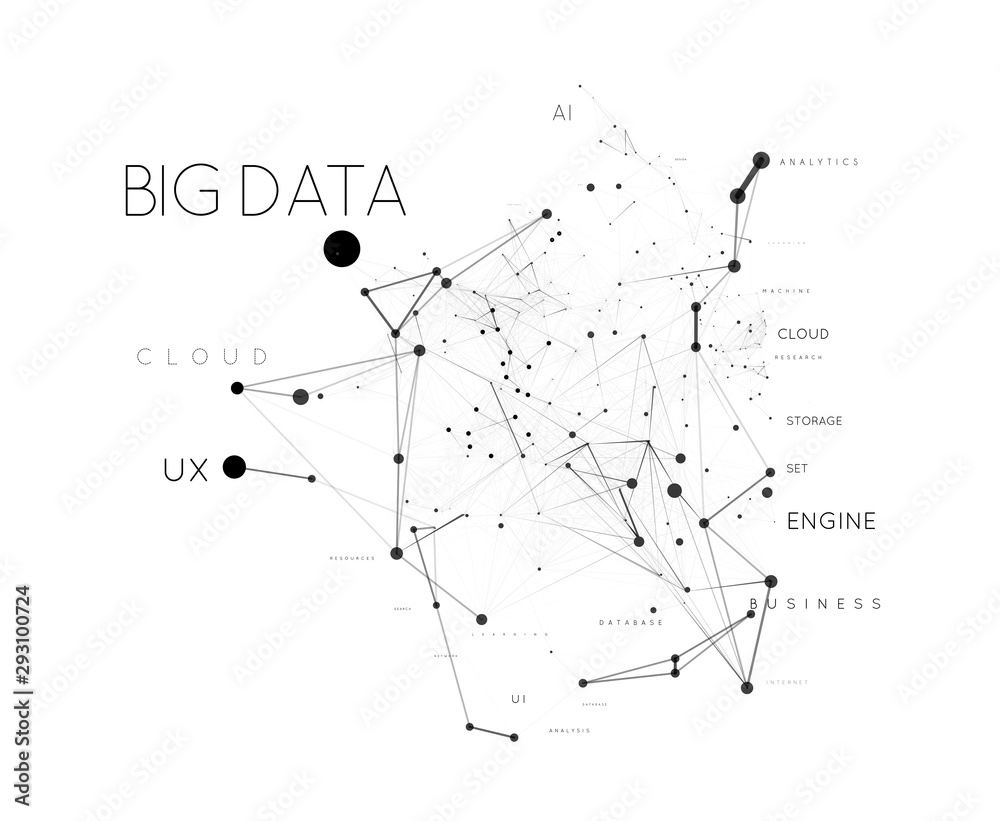 Big data concept in word tag cloud with plexud dot and line connection. Vector geometric background