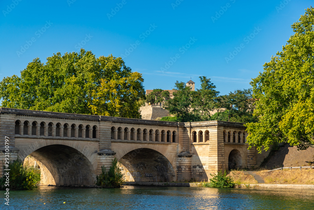 The Orb Aqueduct, a bridge which carries the Canal du Midi over the Orb River in the city of Beziers in Languedoc-Roussillon, France.