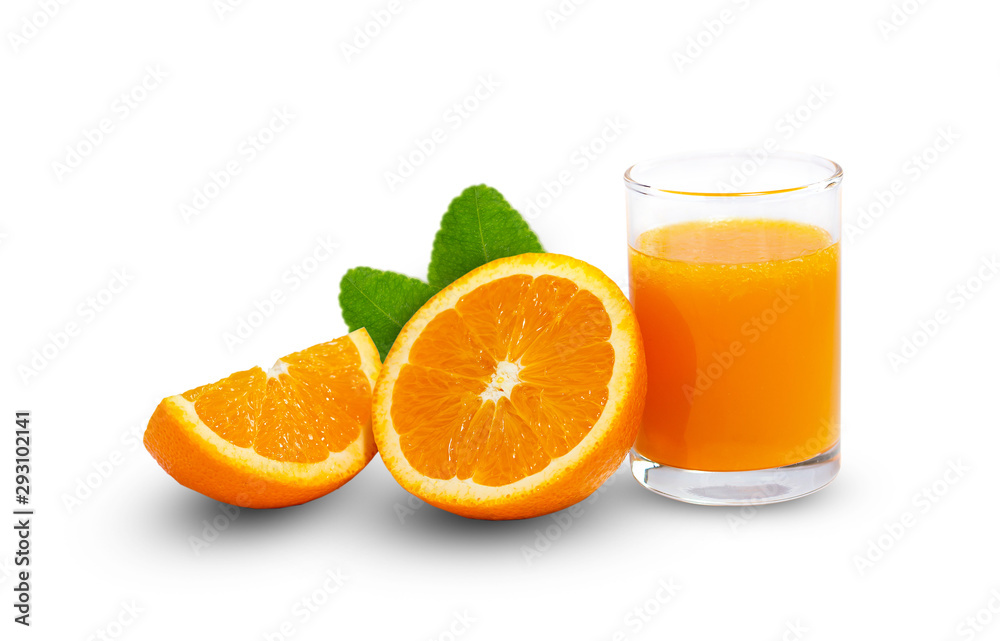 Orange juice in glass with fresh orange slice and green leaf. isolate on white Orange juice in glass with fresh orange slice and green leaf. isolate on white