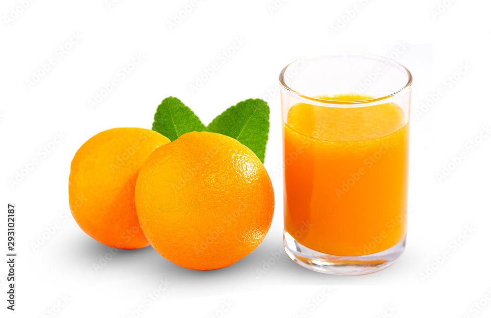 Orange juice in glass with fresh orange and green leaf. isolate on white Orange juice in glass with fresh orange and green leaf. isolate on white