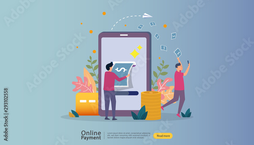 E-commerce market shopping online illustration with tiny people character. mobile payment or money transfer concept. template for web landing page, banner, presentation, social media, print media. © Surf Ink