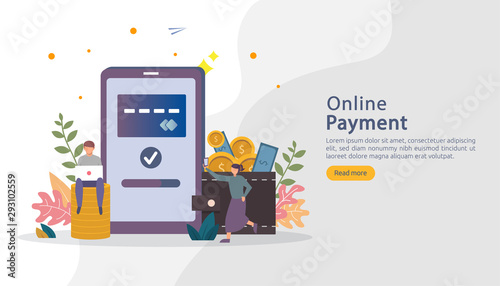 E-commerce market shopping online illustration with tiny people character. mobile payment or money transfer concept. template for web landing page, banner, presentation, social media, print media.
