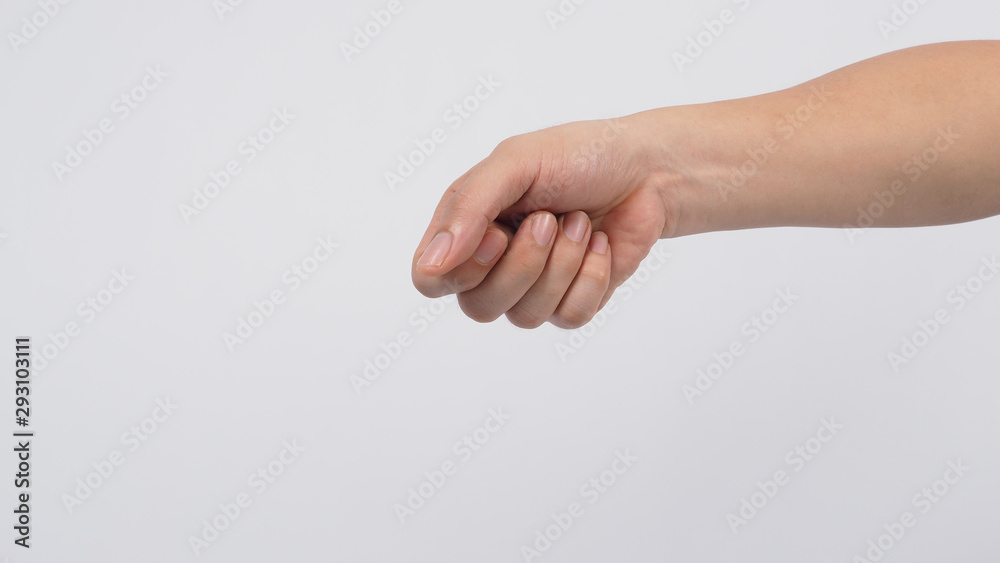 Male's empty right hand on white background.