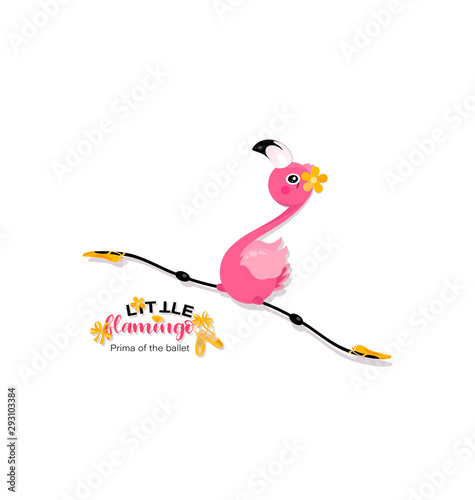 Flight of a little flamingo in twine. Prima of the ballet. Yellow pointe shoes for pink flamingos. Flamingo is dancing.