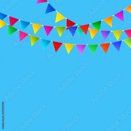 Festive Background, Holiday Colorful Colored Bunting Flags on Blue Background , Vector Illustration