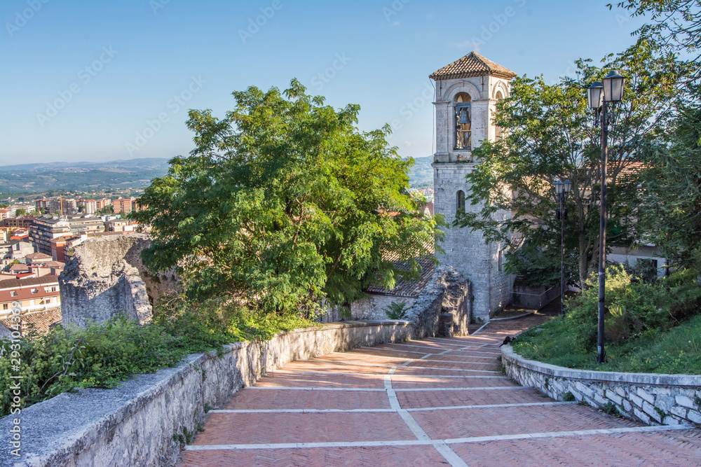 Bell tower of San Bartolomeo church and panorama, Campobasso city in Molise