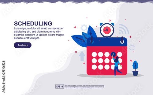 Vector illustration of scheduling & time management concept with tiny people. Illustration for landing page, social media content, advertising. easy to edit and customize.