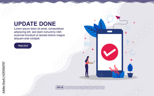 Vector illustration of update done & secure system concept with smartphone and tiny people. Illustration for landing page, social media content, advertising. easy to edit and customize.