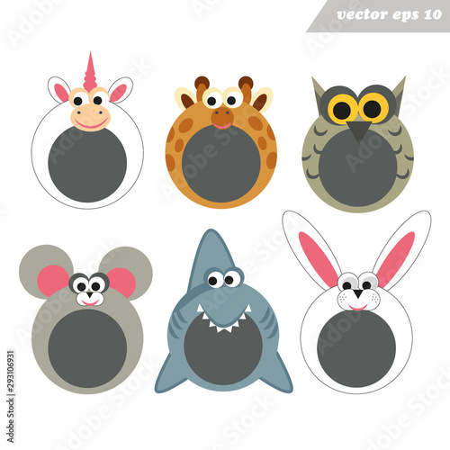 Funy cartoon happy animal face masks for mobile app.