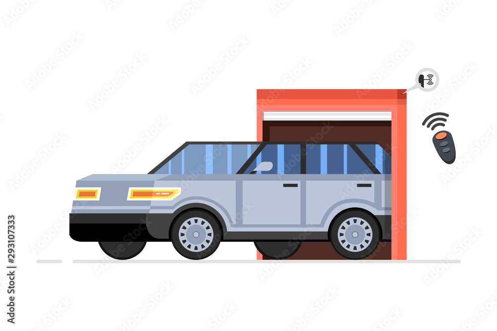 Garage doors, large suv exit from the garage. Garage door system concept with icons. Vector illustration. Garage doors, large suv exit from the garage. Garage door system concept with icons. Vector illustration.