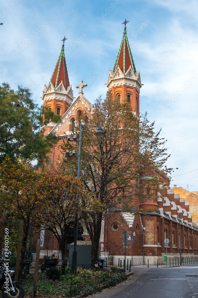 Beautiful brick church in Budapest, Hungary. Religion.