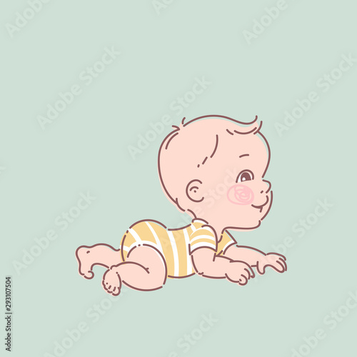 Cute little baby boy in diaper, yellow bodysuit, crawling.
