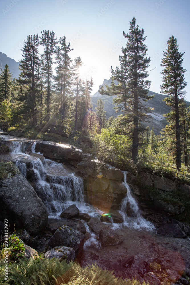 a beautiful waterfall in the forest. Wildlife, waterfalls in a deserted forest. taiga. strong and tall waterfall in forest