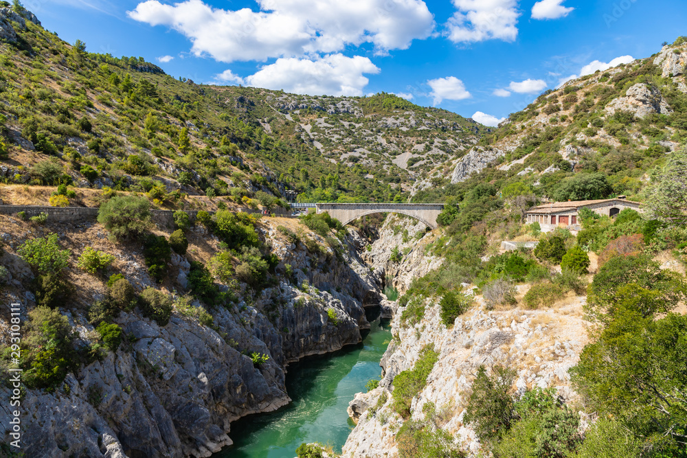 View to the new bridge from Le Pont du Diable bridge, situated at the outlet of the Herault Gorges, France