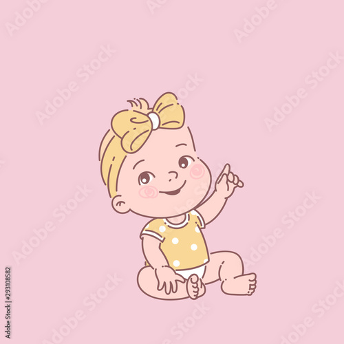 Cute little baby girl in diaper, yellow t-shirt, start sitting.