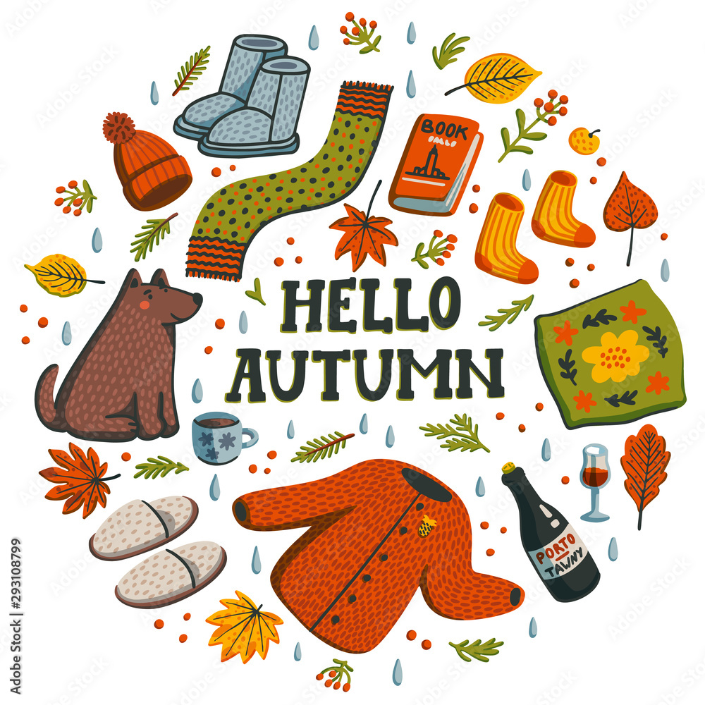 Vettoriale Stock Hello autumn circle composition. Autumn essentials warm  clothes, berries and leaves, book, all for warm atmosphere. Fall season  elements on white background. Flat style hand drawn vector illustration. |  Adobe