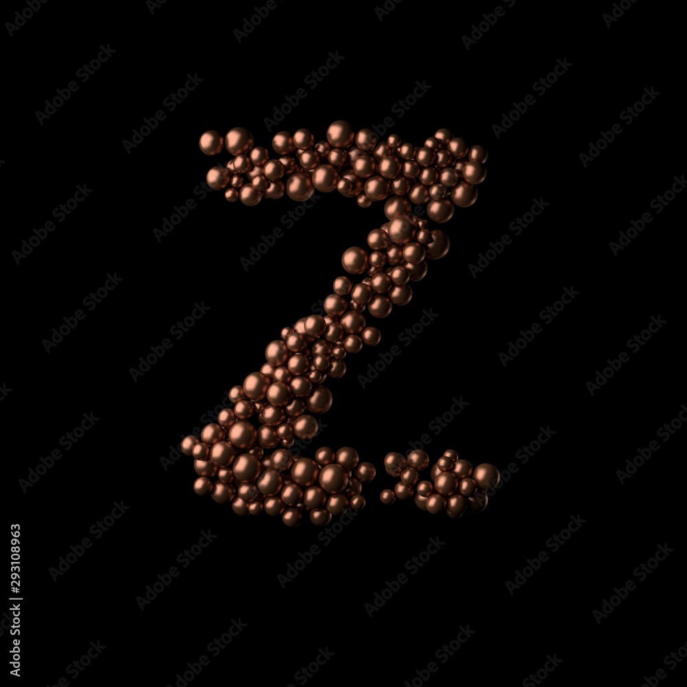 Abstract bronze letter Z made of tiny spheres on black background.3D rendering. Fancy alphabet