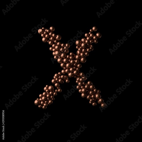Abstract bronze letter X made of tiny spheres on black background.3D rendering. Fancy alphabet