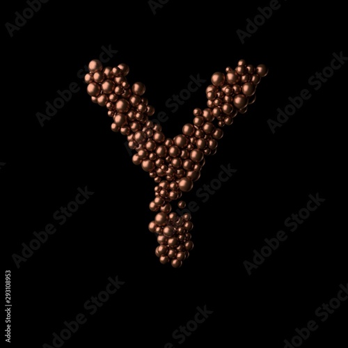 Abstract bronze letter Y made of tiny spheres on black background.3D rendering. Fancy alphabet