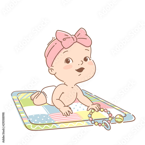 Cute little baby girl of 3-12 months, in diaper play on development mat with toys.