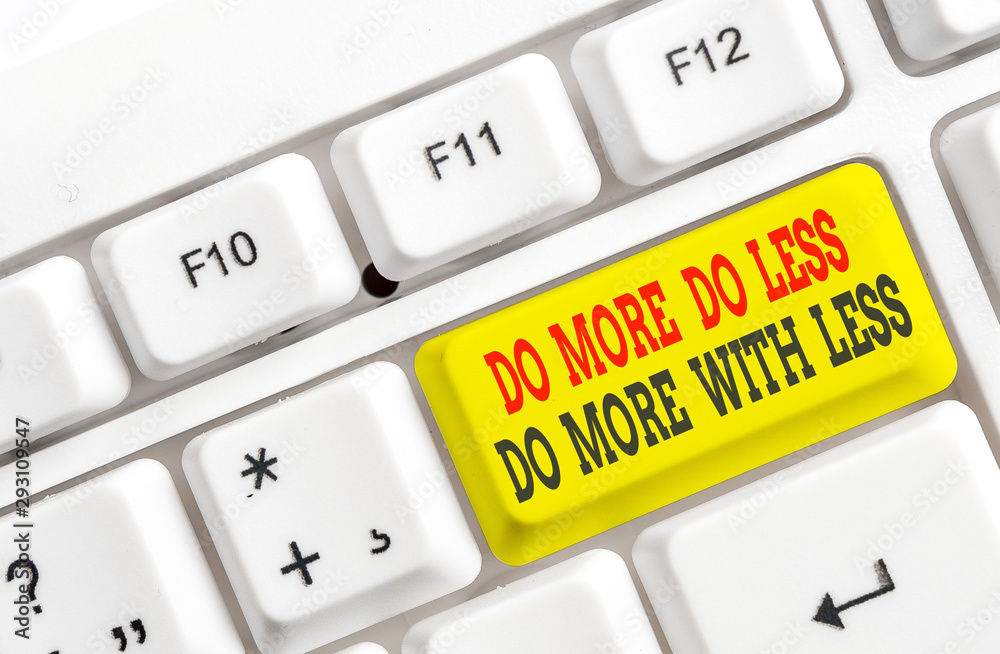 Conceptual hand writing showing Do More Do Less Do More With Less. Concept meaning dont work hard work smart be unique White pc keyboard with note paper above the white background Conceptual hand writing showing Do More Do Less Do More With Less. Concept meaning dont work hard work smart be unique White pc keyboard with note paper above the white background