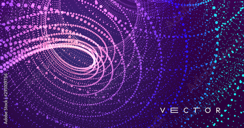 Array with dynamic particles. Swirl with connected dots. Abstract science or technology background. 3d vector illustration.