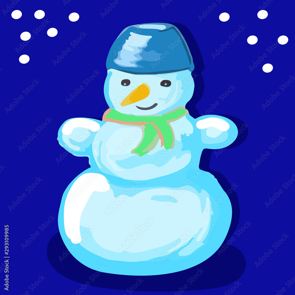 Snowman in a hat and scarf on a blue background. Snowman in a hat and scarf on a blue background.