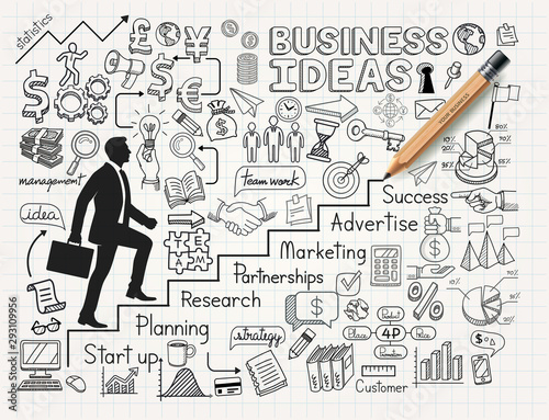 Business Idea doodles icons set. Drawing Businessman climbing up stairs to the top. Vector illustration style.