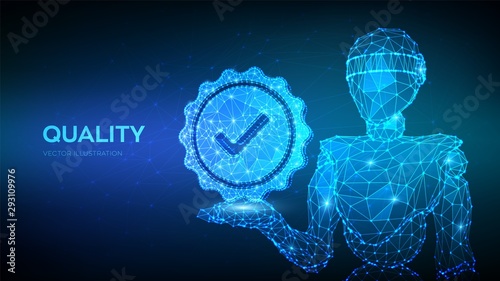 Quality. Standard Quality Control Certification Assurance. Guarantee, premium choice, good product. Abstract robot holding Quality icon check. Vector illustration.